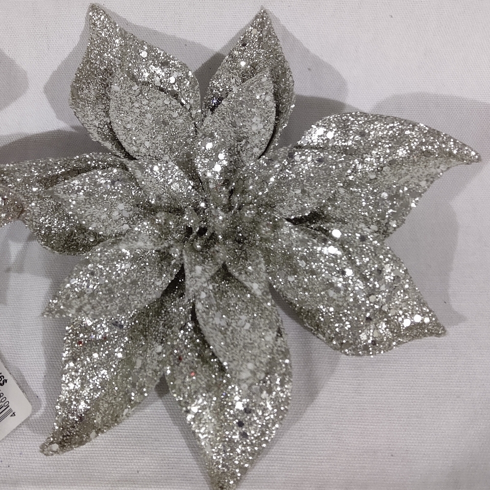 New Lot of 2 Antique Silver Poinsettia Decoration with Clip 8 x 8